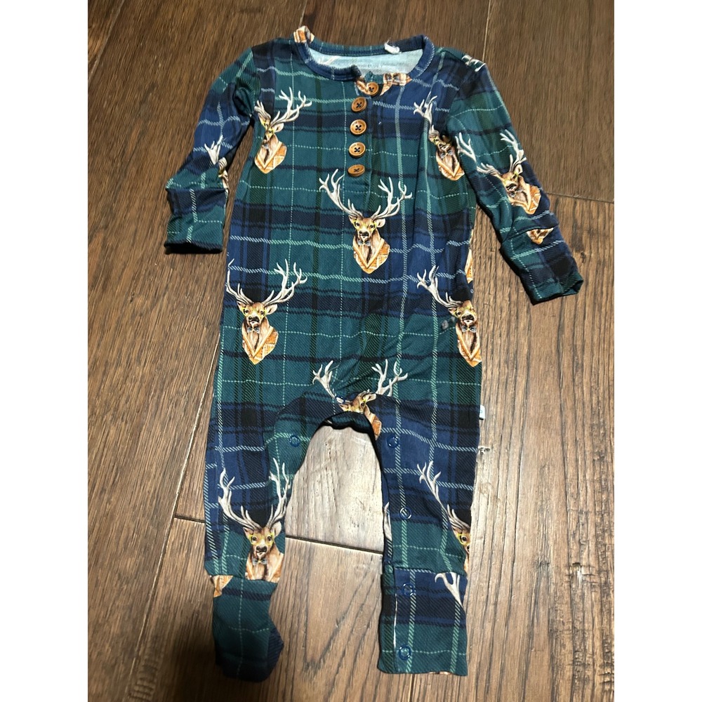 Posh Peanut Plaid Deer Bamboo Romper Blue Green 12-18 Months Beckford